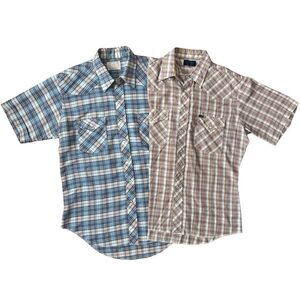Lot of 2 Vintage 70s Wrangler Pearl Snap Western Shirts Men’s L Plaid USA Made